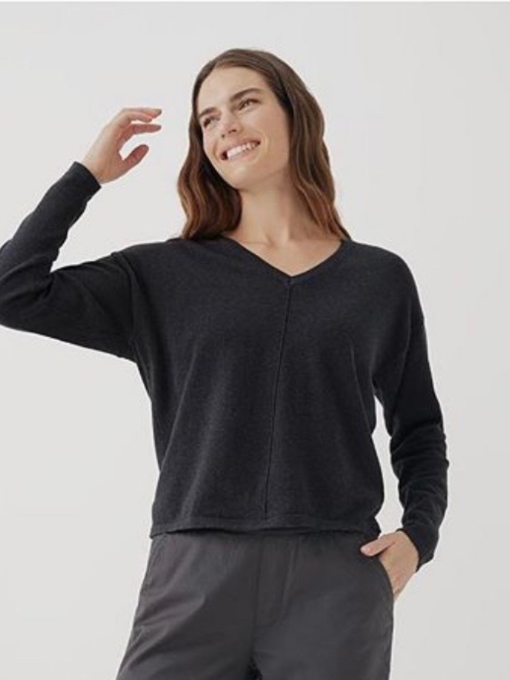Pact 100% organic cotton long cropped sweater in dark grey charcoal